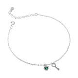 925 Silver Key Anklets Heart Green Crystal Ankle Bracelet Leg Chain