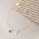 925 Silver Key Anklets Heart Green Crystal Ankle Bracelet Leg Chain