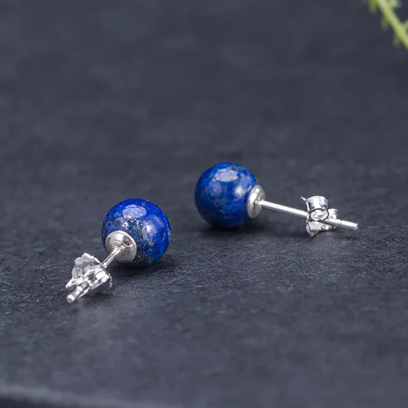 925 Sterling Silver Lapis Lazuli Stud Earrings Vintage Femme Gift