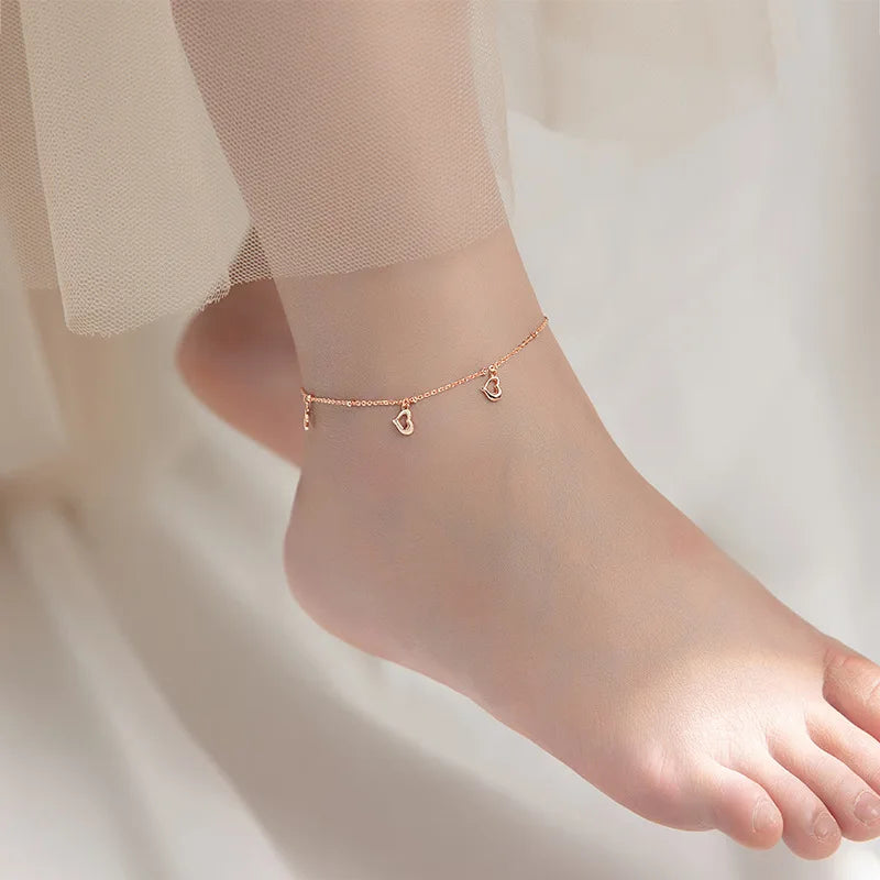 925 Sterling Silver Heart Ankle Bracelet Ball Beads Anklet Foot Chain for Women
