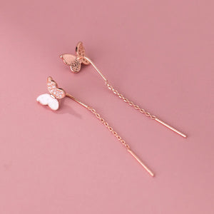 925 Silver Micro-paved Butterfly Drop Earrings Pull Through Threader