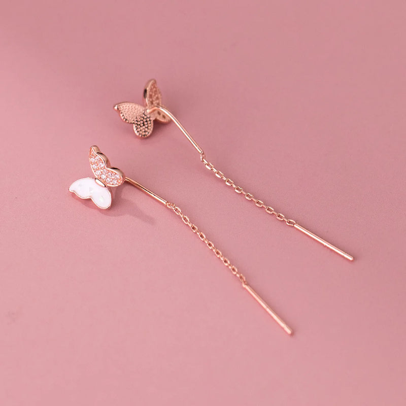 925 Silver Micro-paved Butterfly Drop Earrings Pull Through Threader