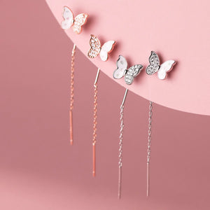 925 Silver Micro-paved Butterfly Drop Earrings Pull Through Threader