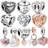Real 925 Sterling Silver Mom and Daughter Love Heart Charm Bracelet DIY