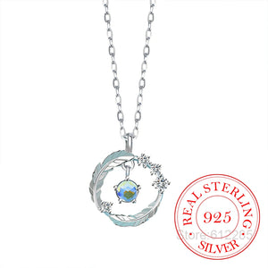 925 Silver Moonstone Round Bead Feather Charm Pendant Necklace