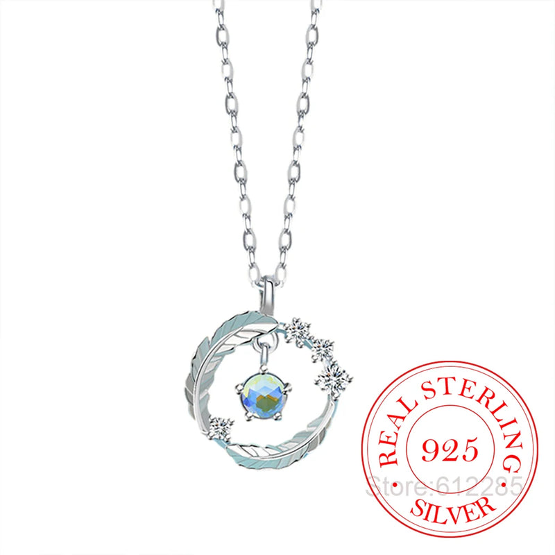 925 Silver Moonstone Round Bead Feather Charm Pendant Necklace