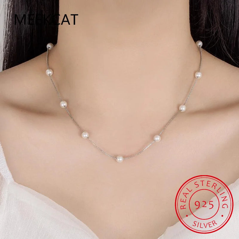925 Sterling Silver Freshwater Pearl Charm Necklace Choker Short Chain