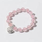 925 Silver Pink Strawberry Quartz & Love Heart Beads Charms Bracelet
