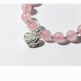 925 Silver Pink Strawberry Quartz & Love Heart Beads Charms Bracelet