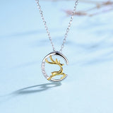 925 Silver Necklace 40+5cm Sparkly CZ Elk 2 Tone Plate Animal Jewelry