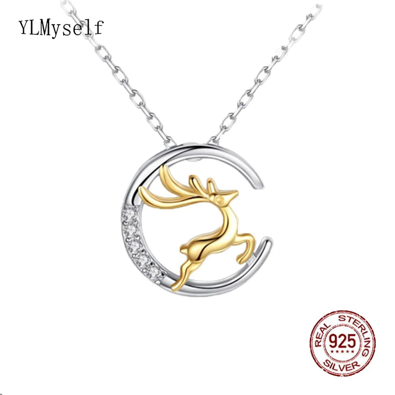 925 Silver Necklace 40+5cm Sparkly CZ Elk 2 Tone Plate Animal Jewelry