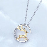 925 Silver Necklace 40+5cm Sparkly CZ Elk 2 Tone Plate Animal Jewelry