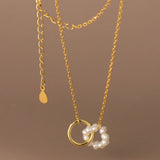 925 Silver Pearl Double Circle Choker Necklace Female Jewelry