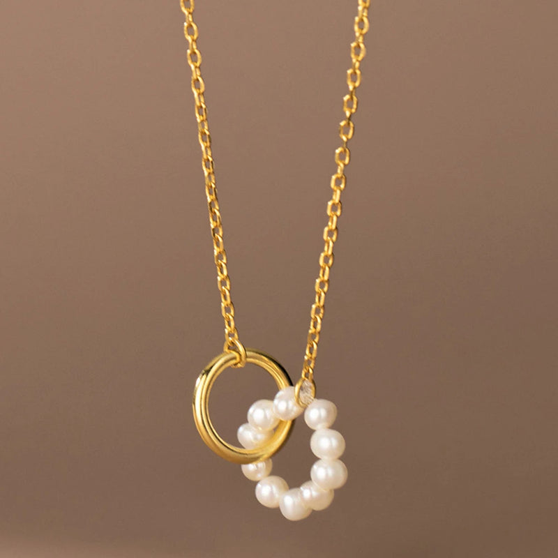 925 Silver Pearl Double Circle Choker Necklace Female Jewelry