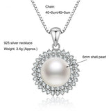 925 Silver Necklace, 6mm Shell Pearl & Zircon, 40/45cm+5cm Chain