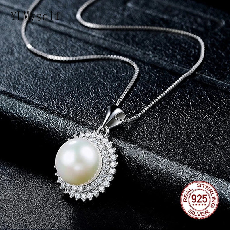 925 Silver Necklace, 6mm Shell Pearl & Zircon, 40/45cm+5cm Chain