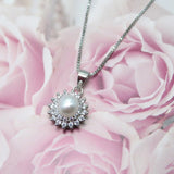 925 Silver Necklace, 6mm Shell Pearl & Zircon, 40/45cm+5cm Chain