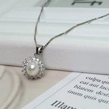 925 Silver Necklace, 6mm Shell Pearl & Zircon, 40/45cm+5cm Chain