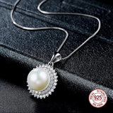 925 Silver Necklace, 6mm Shell Pearl & Zircon, 40/45cm+5cm Chain