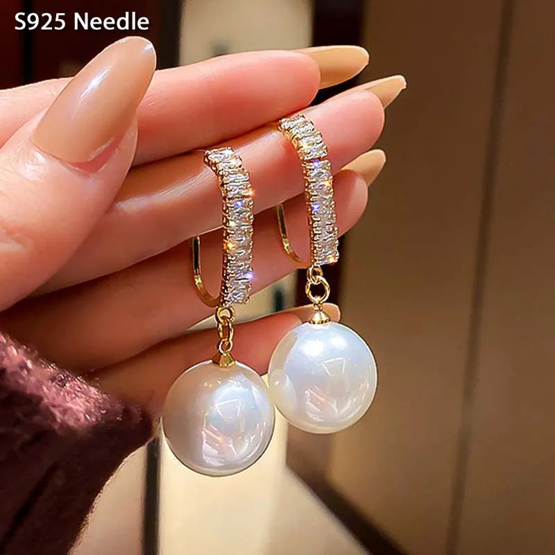 925 Silver Dangle Earrings Cubic Zircon Pearl Drop Earrings