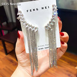 925 Silver Needle Tassel Drop Earrings Rhinestone Statement Jewelry for Women