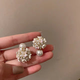 925 Silver Stud Earrings Double Side Flower Pearls