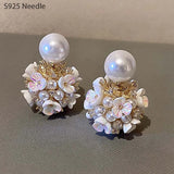 925 Silver Stud Earrings Double Side Flower Pearls