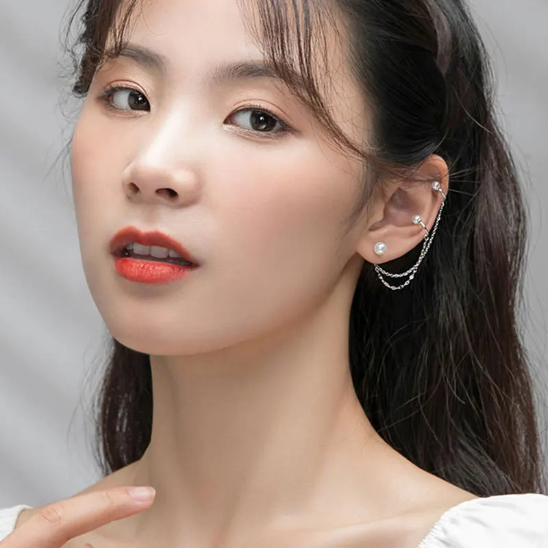 925 Silver Pearl Ear Cuff Double Layered Piercing Tassel Earrings Clip On