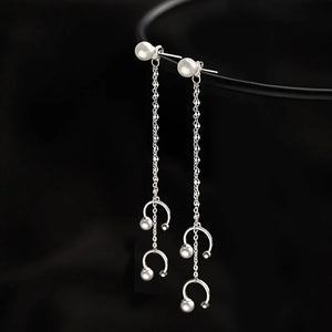 925 Silver Pearl Ear Cuff Double Layered Piercing Tassel Earrings Clip On