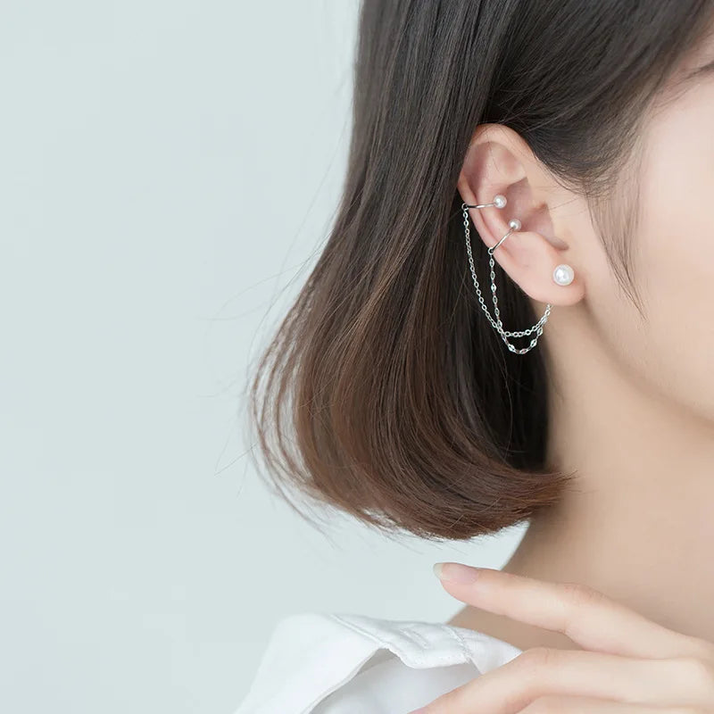 925 Silver Pearl Ear Cuffs Double Layered Wraps Earrings