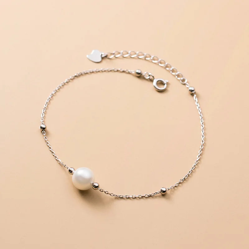925 Sterling Silver Chain Bracelet with Pearls and Beads