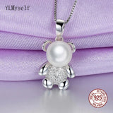 Real 925 Silver Pendant w/ 8mm Pearl & Lovely Bear Animal Design