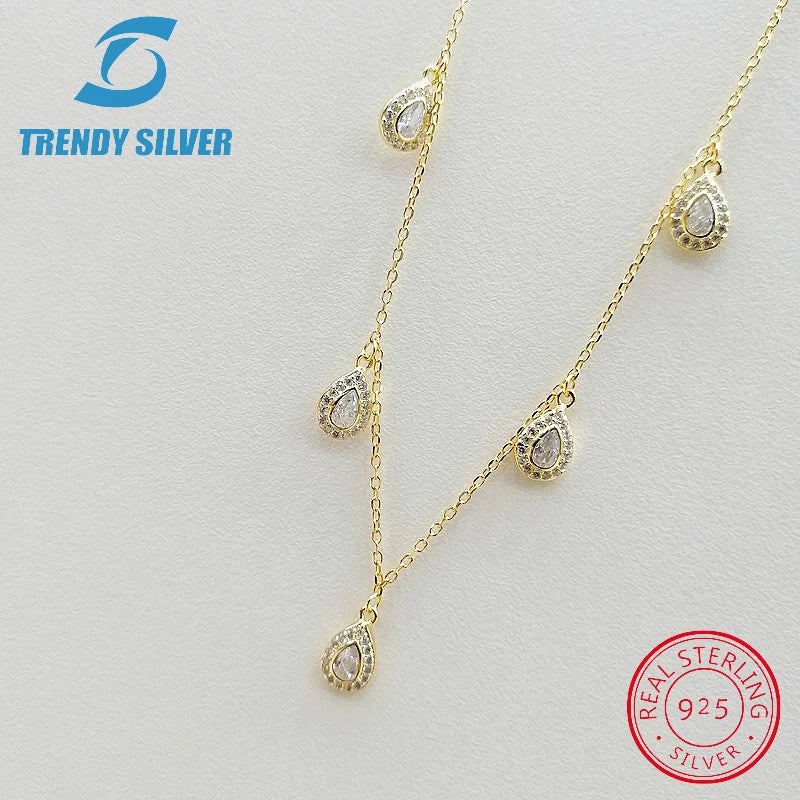 Real 925 Sterling Silver Pendant Necklace Chain Choker Cubic Zircon for Women