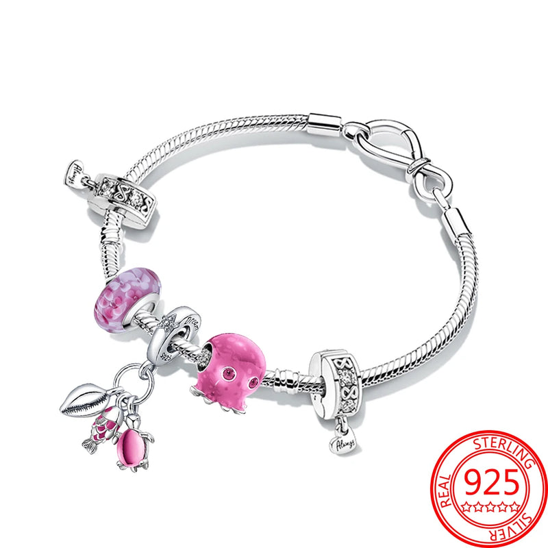 925 Silver Pink Octopus Turtle Sea Shell Dangle Bracelet