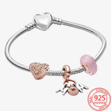 925 Silver Pink Travel Bag & Love Rose Bracelet Set for Women