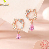 925 Silver Pink Zircon Peach Blossom Cat Stud Earrings Women