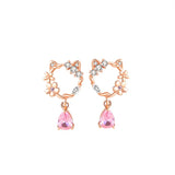 925 Silver Pink Zircon Peach Blossom Cat Stud Earrings Women