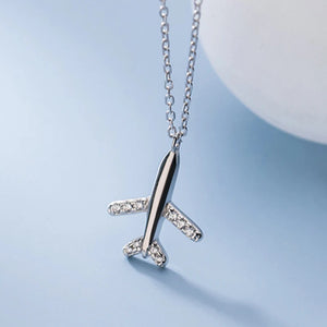 925 Sterling Silver Airplane Pendant Necklace CZ Crystal Tiny Dainty Jewelry