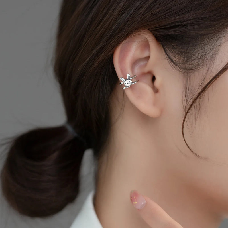 925 Silver Rabbit Double Layered Ear Cuffs Retro Thai Silver Cartilage Earrings