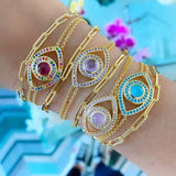 925 Silver Rainbow CZ Double Link Bracelet Evil Eye Lucky Jewelry