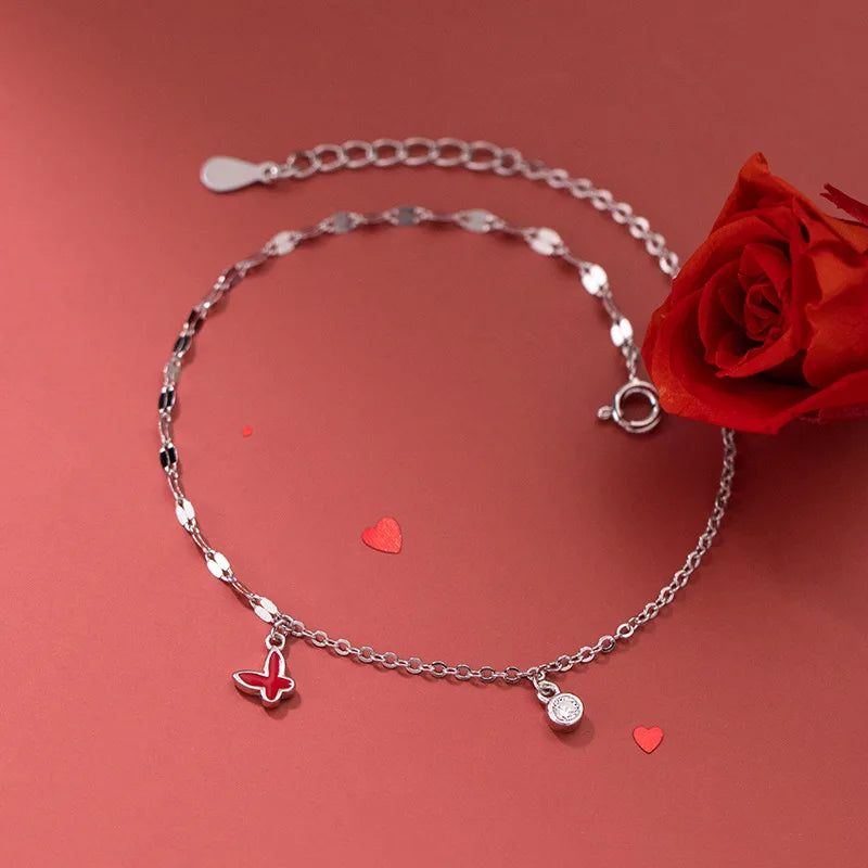 925 Silver Red Butterfly Anklets Chain for Women