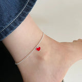 925 Sterling Silver Red Heart Anklets Woman Beads Ankle Bracelet Chain