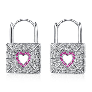 925 Silver Red Zircon Heart Lock Earrings
