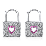 925 Silver Red Zircon Heart Lock Earrings