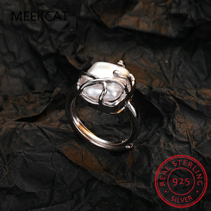 925 Silver Geometric Pearl Opening Ring Women's Wedding Jewelry