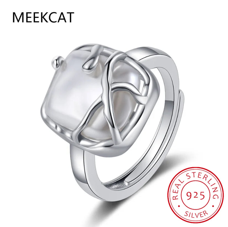 925 Silver Geometric Pearl Opening Ring Women's Wedding Jewelry