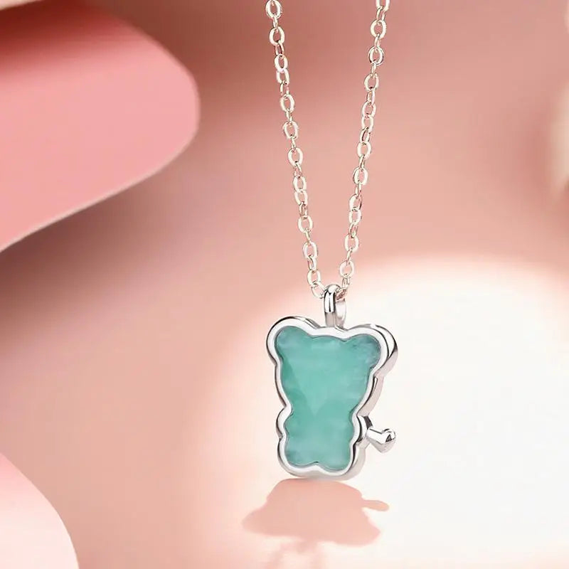 925 Silver Rose Quartz Love Bear Pendant Necklace Romantic Jewelry