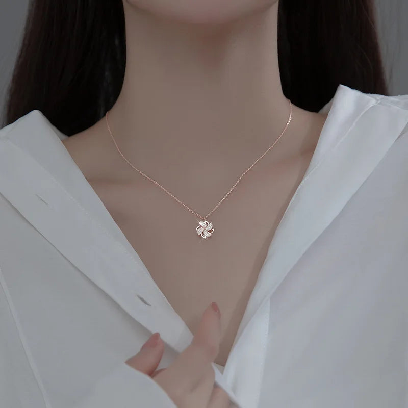 925 Silver Rotatable Zircon Windmill Pendant Necklace for Women