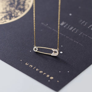 925 Silver Safety Pin Necklace with CZ Charms