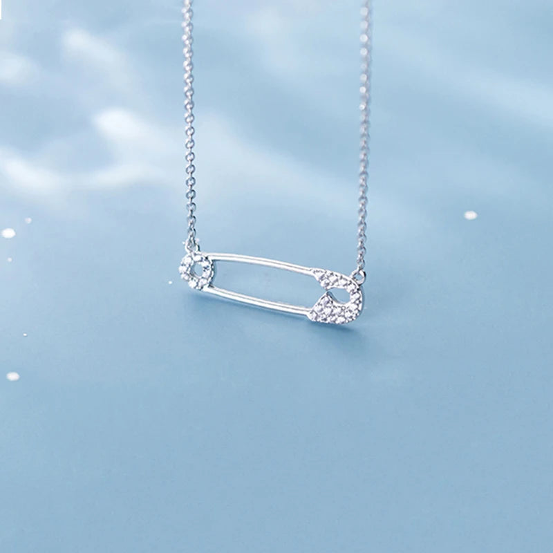 925 Silver Safety Pin Necklace with CZ Charms